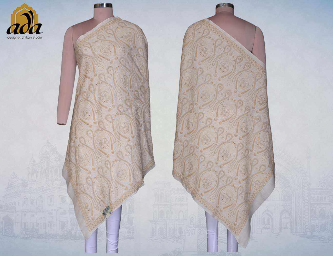 Fawn chikankari gents loi with fashionable motifs from Mughal architecture 