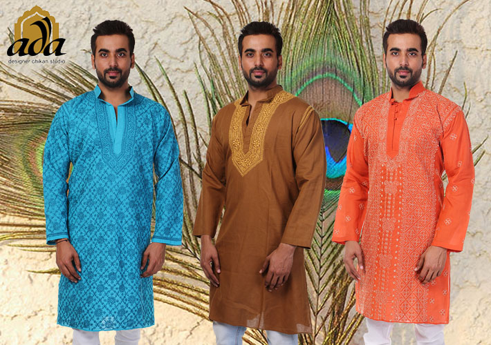 Ada Designer Chikan Studio mens wear fashion indian kurtas in cotton fabric for holi, diwali and other festivals