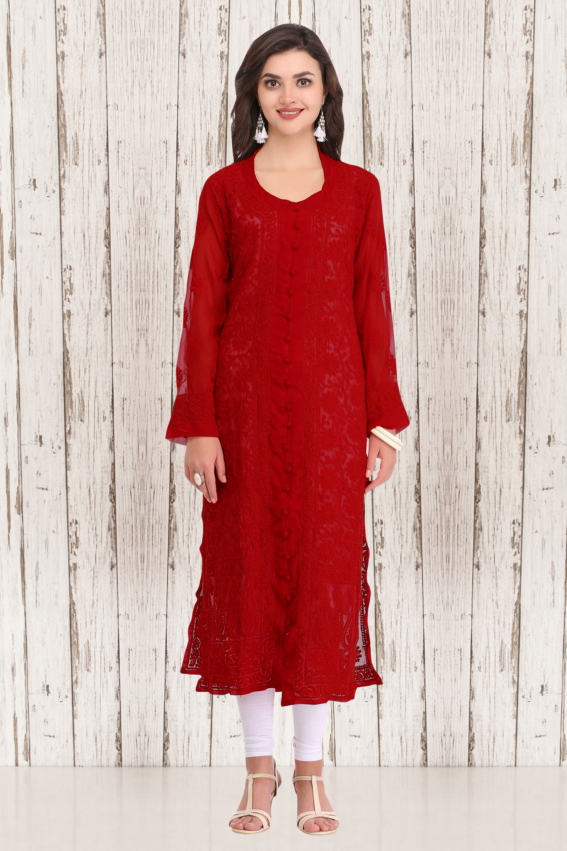 Details about  / Red Women Cotton Embroidered Chikan Handmade Kurti Ethnic Casual Wear Kurta Top